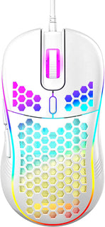 Ratón Gaming con Cable Honeycomb y Switch RGB On/Off, DPI Ajustable de 7200, Diseño Ergonómico Ligero y Sensor de Alta Precisión para Gamers de Pc/Mac (Blanco)