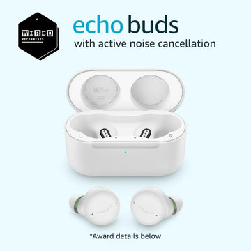 Amazon Echo Buds con cancelación activa del ruido (modelo más reciente), Audífonos inalámbricos con cancelación activa del ruido y Alexa - Estuche cargador inalámrico - Blanco