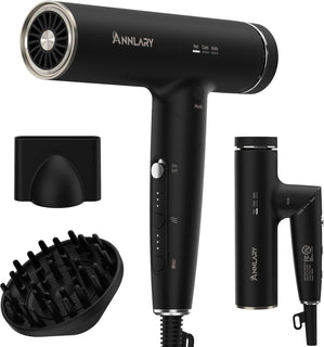 Secador de pelo con difusor para cabello rizado, secador profesional de alta velocidad de 110000 RPM con iones de plasma, secador de pelo de viaje plegable de 1500 W para secado rápido, para