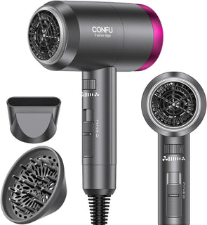 CONFU Secador de pelo iónico de 1600 W, portátil, ligero, de secado rápido, secador de pelo de iones negativos, 3 ajustes de calor y velocidad infinita, con difusor y boquilla concentradora para el
