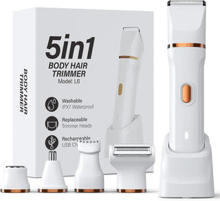 Recortadora de bikini 5 en 1 para mujer, afeitadora eléctrica impermeable IPX7, recortadora de vello corporal inalámbrica, depilación facial y púbica, hoja de cerámica (blanco)