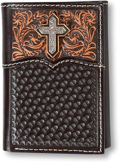 ARIAT Western Wallet Mens Trifold Cross Filigrana Marrón Medio A355...