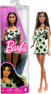 Barbie Fashionistas Doll #200 con pelo moreno, mameluco de lunares...
