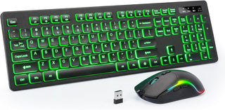 Teclado y mouse iluminados inalámbricos, brillo y color ajustables,...