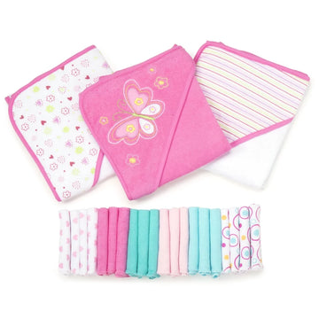 Juego de Toallas con Capucha y Paños de Baño para Bebés, Set de Regalo de 23 Piezas, Mariposa Rosa