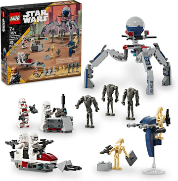 LEGO Star Wars 75372 - Paquete de batalla de soldado clon y droide de batalla para niños, vehículo de bicicleta Speeder de juguete construible, Tri-Droid y poste defensivo, coleccionable, regalo para