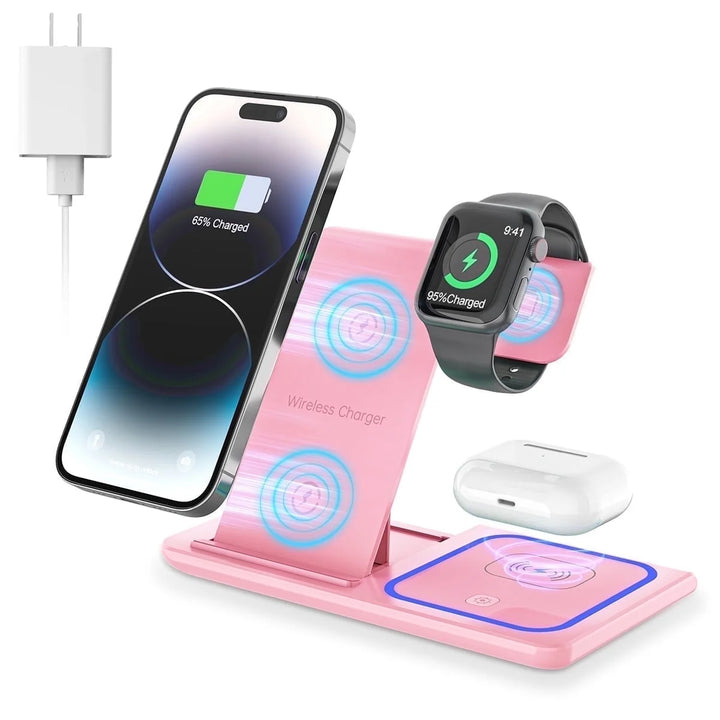 Wireless Charger, 18W 3 in 1 Wireless Charging Station for Iphone 16E 15 14 13 12 Pro XR XS, Fast Charing Stand for Iwatch 10/9/8/7/6/SE/5/4/3, Airpods 4/3/2/Pro, Samsung Galaxy S23 S22 S21 20(Pink)