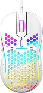 Honeycomb Wired Gaming Mouse with RGB On/Off Switch, 7200 Adjustable DPI, Ergonomic Lightweight Design & High Precision Sensor for Pc/Mac Gamers (White)