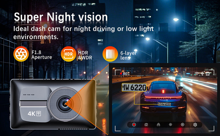 Cámara de tablero de auto dual delantera y trasera 4K