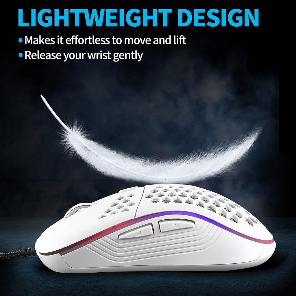 Honeycomb Wired Gaming Mouse with RGB On/Off Switch, 7200 Adjustable DPI, Ergonomic Lightweight Design & High Precision Sensor for Pc/Mac Gamers (White)