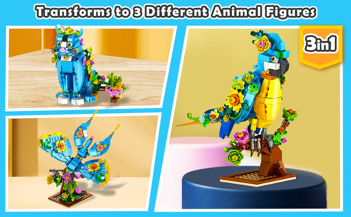 Juego de construcción 3 en 1 diseño de flores gatos loros