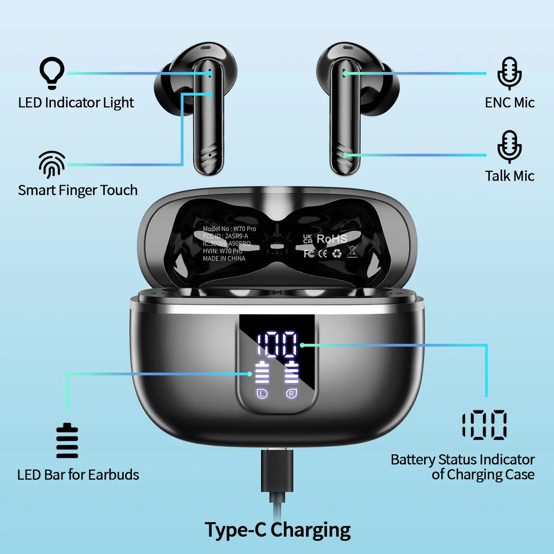 Wireless Bluetooth Earbuds, Noise Cancelling Headphones with Deep Bass Stereo, 38H Playtime, LED Display, Waterproof in Ear Buds Earphone with Mic for Iphone Android Sports Workout, Black
