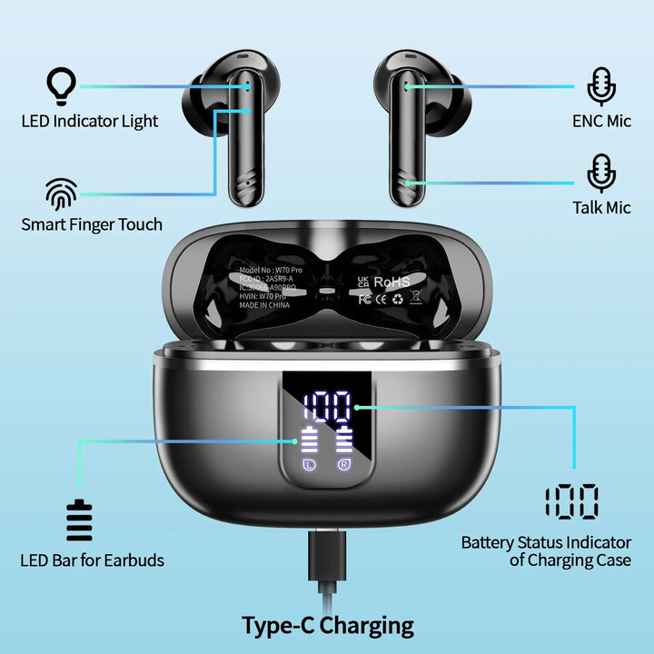 Wireless Bluetooth Earbuds, Noise Cancelling Headphones with Deep Bass Stereo, 38H Playtime, LED Display, Waterproof in Ear Buds Earphone with Mic for Iphone Android Sports Workout, Black