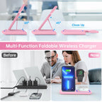 Wireless Charger, 18W 3 in 1 Wireless Charging Station for Iphone 16E 15 14 13 12 Pro XR XS, Fast Charing Stand for Iwatch 10/9/8/7/6/SE/5/4/3, Airpods 4/3/2/Pro, Samsung Galaxy S23 S22 S21 20(Pink)
