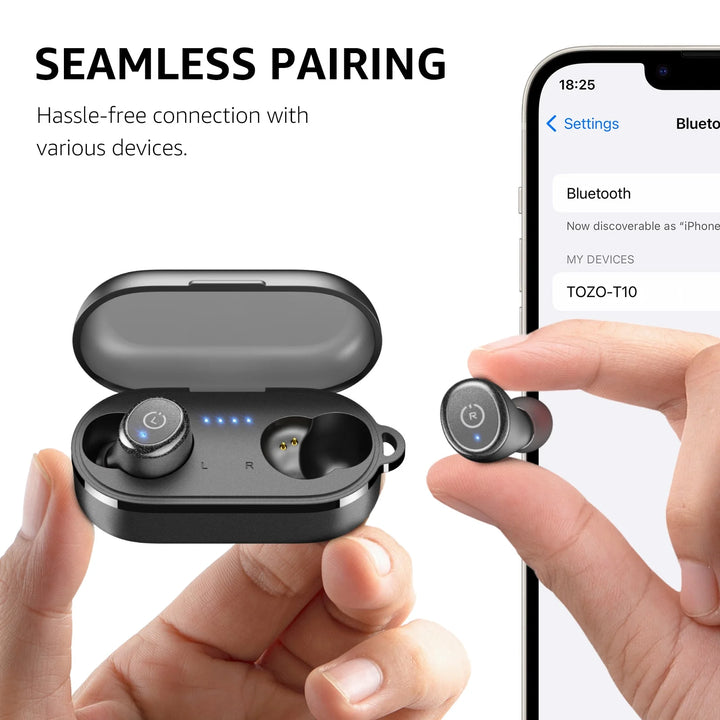 T10 Wireless Earbuds, Bluetooth Ear Buds, Stereo Bass in Ear Headphones, 55H Play, Active Noise Cancelling Mic, Wireless Charging Case, App 32EQ, IPX8 Waterproof, Black