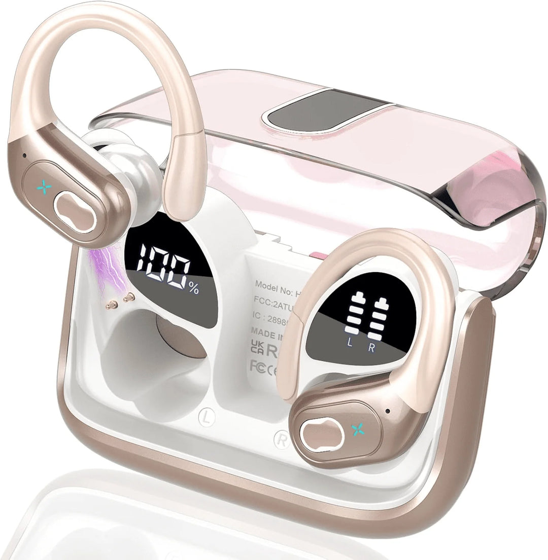 Headphones Wireless Earbuds Sport, Bluetooth 5.3 over Ear Buds Stereo Deep Bass Headset with Earhooks, 80H Dual LED Display Wireless Earphones with ENC Noise Canceling Mic,For Running/Workout