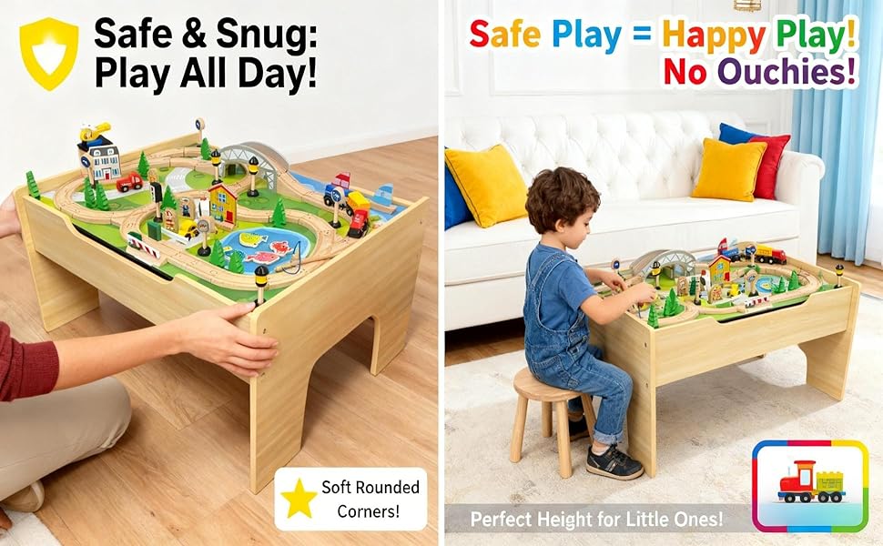 Juego de tren de madera y mesa con base de bloque de