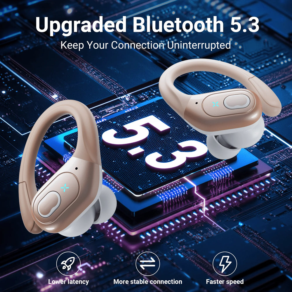 Headphones Wireless Earbuds Sport, Bluetooth 5.3 over Ear Buds Stereo Deep Bass Headset with Earhooks, 80H Dual LED Display Wireless Earphones with ENC Noise Canceling Mic,For Running/Workout