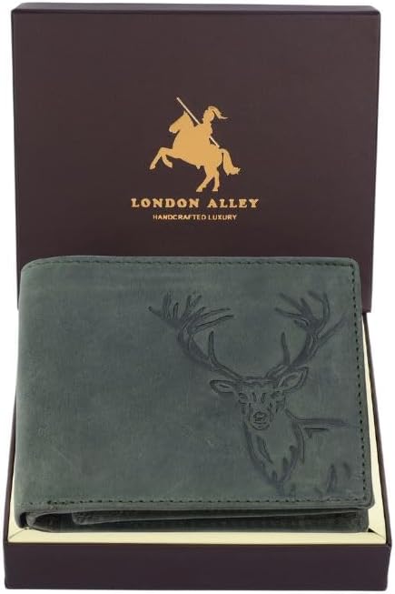LONDON ALLEY ELK Cartera de cuero verde vintage para hombre
