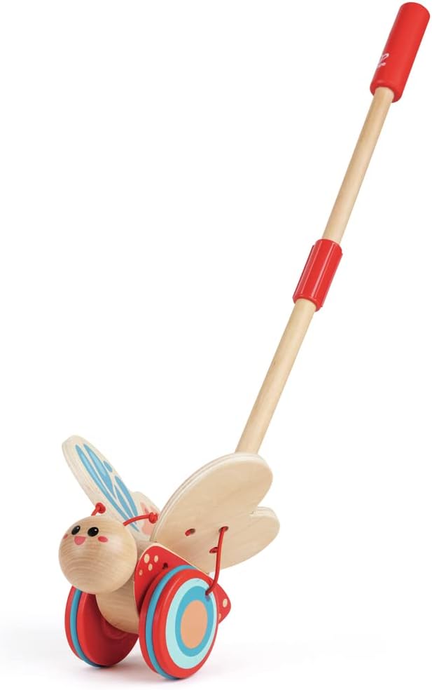 Hape - Juguete galardonado de mariposa de madera para empujar y tirar para niños, Medidas: L: 16 cm, An: 14.7 cm, Al: 56.4 cm, Color: Rojo