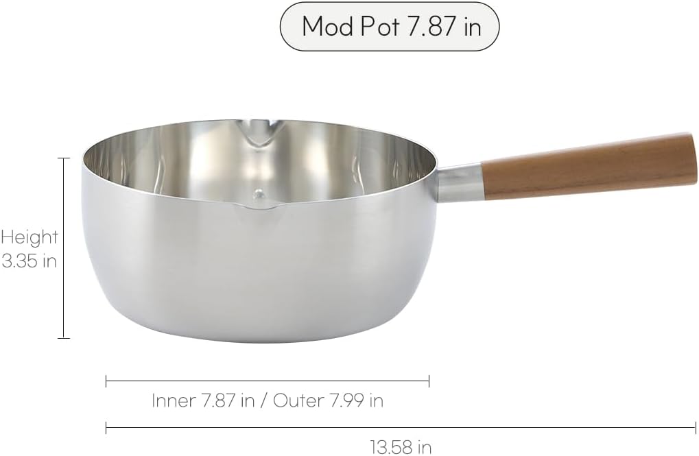 Mod Pot - Olla de cocina de acero inoxidable de 5 capas, 2 juegos de 7.9 in, 6.3 in, mango de madera, multiusos, cocina pequeña, todas las estufas compatibles con inducción, aptos para