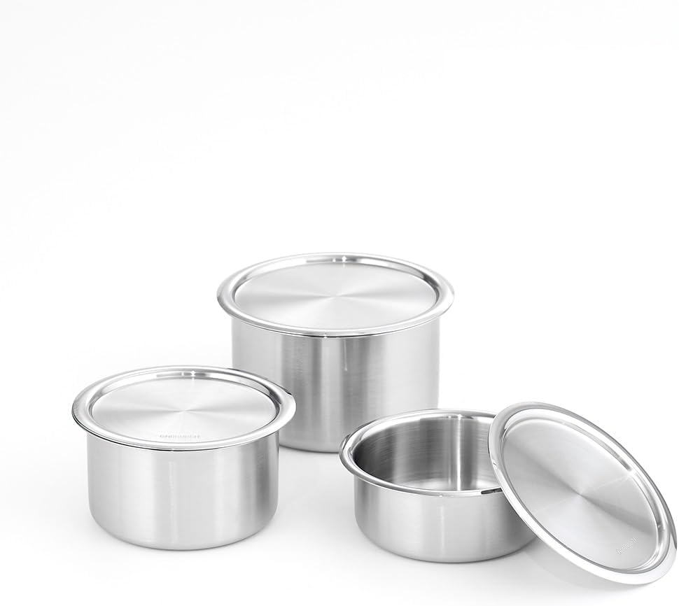 CaKE - Juego de 3 recipientes de acero inoxidable para almacenamiento de alimentos con tapas, electrodomésticos de cocina, aptos para lavavajillas, alta calidad, Corea del Sur