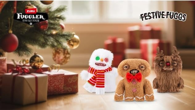 ZURU Fuggler Festive Fuggs Peluche Suave de 9 pulgadas, Juguete de Animal de Peluche de Monstruo Feo con Dientes Similares a los Humanos, Tema Navideño Multicolor (Pan de Jengibre)