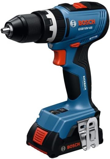 BOSCH GSB18V-65N Taladro martillo sin escobillas de 1/2 pulgada - 575 pulgadas-libras Par máximo, control de retroceso conmutable, selector de modo rápido, luces de trabajo LED duales, portabrocas