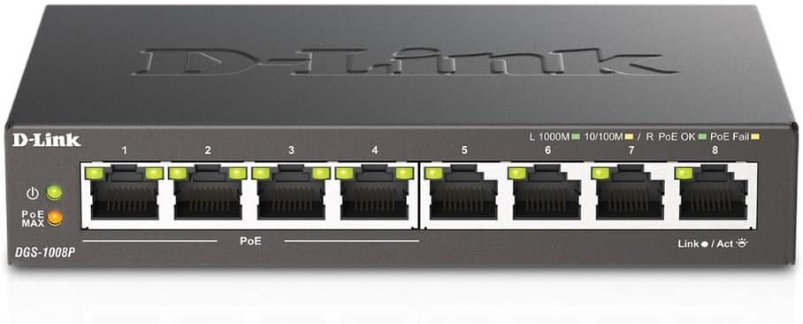 D-Link Conmutador Ethernet PoE+ no administrado Gigabit de 8 puertos, con 4 puertos PoE de hasta 60 W de presupuesto PoE, QoS, sin ventilador, metal resistente con puertos blindados, escritorio compacto, sigue a NDAA/TAA (DGS-1008P)