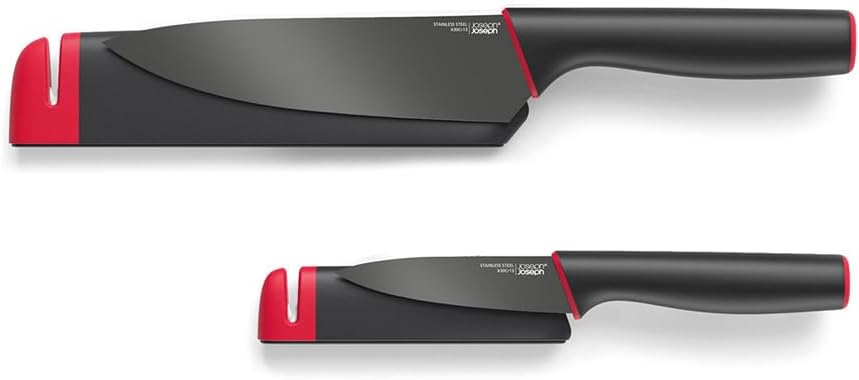 Joseph Joseph Slice & Sharpen - Cuchillo de chef de 6 pulgadas y cuchillo de pelar de 3.5 pulgadas con fundas protectoras afiladas, color negro