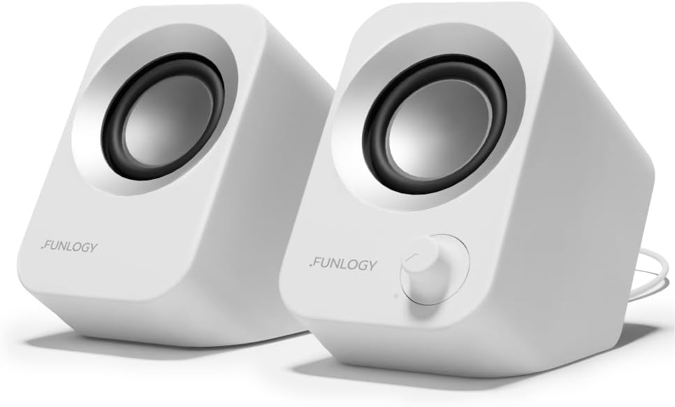 FUNLOGY Altavoz - Altavoces estéreo para PC de 14W, alimentados por USB, tamaño compacto con diseño de inclinación de 30°, control de dial de volumen, para escritorio, laptop, monitor, consolas de