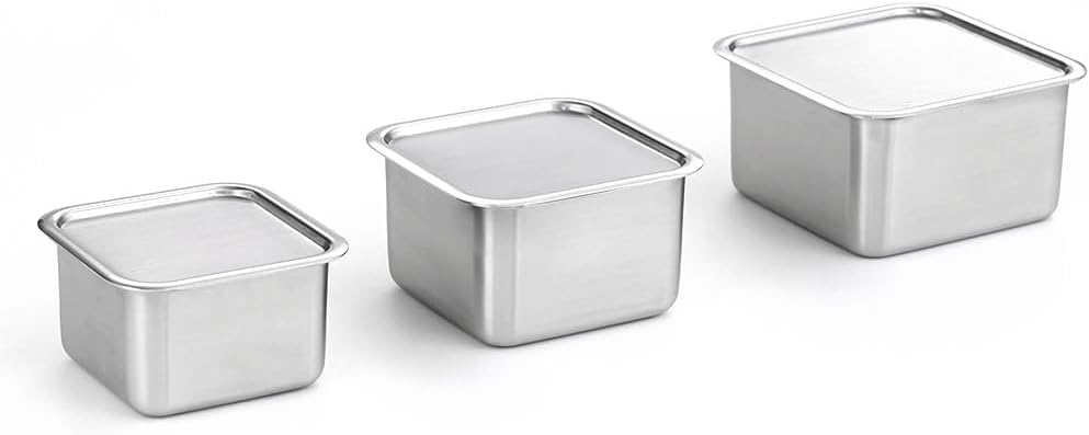 CuBE High 3Pcs Set de Contenedores de Acero Inoxidable para Alimentos con Tapa y 3 Accesorios de Cocina en Red Premium de Corea del Sur, Apto para Lavavajillas