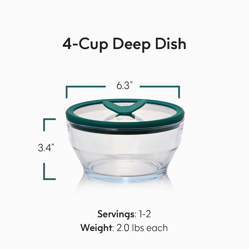 Anyday Paquete de 2 coladores de 4 tazas con clip de silicona y platos profundos | Sin plástico, sin BPA, utensilios de cocina para microondas y almacenamiento de alimentos con tapas de vidrio (Kale)