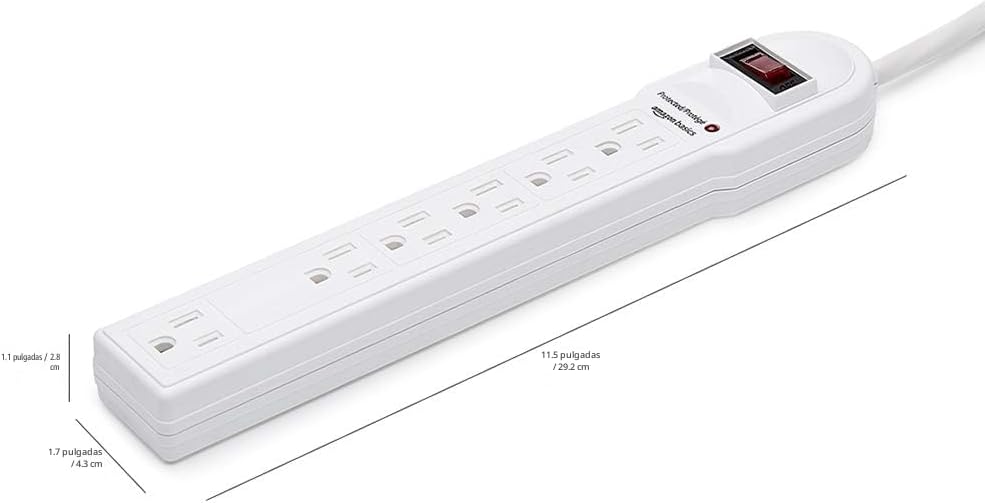 Lámpara Amazon Basics Regleta protectora de sobretensiones, 6 tomas, 790 julios, interruptor de circuito, indicador LED, cable de extensión de 6 pies, color blanco (paquete de 2)
