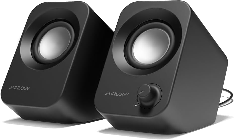 FUNLOGY Altavoz - Altavoces de PC estéreo de 14W, alimentados por USB, tamaño compacto con diseño de inclinación de 30°, control de dial de volumen, para escritorio, portátil, monitor, consolas de