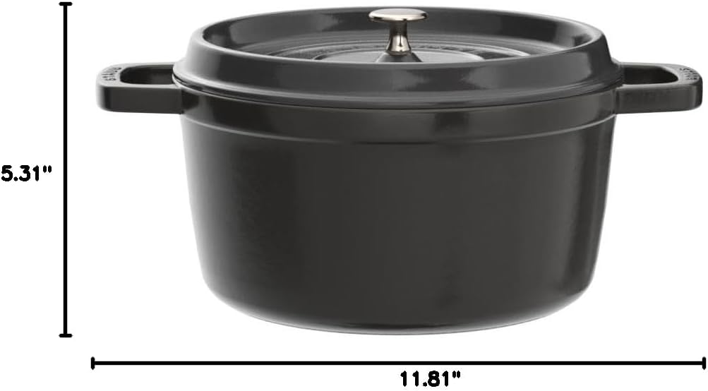 STAUB - Horno holandés de hierro fundido de 5.5 cuartos de galón, redondo, fabricado en Francia, sirve 5-6, negro mate