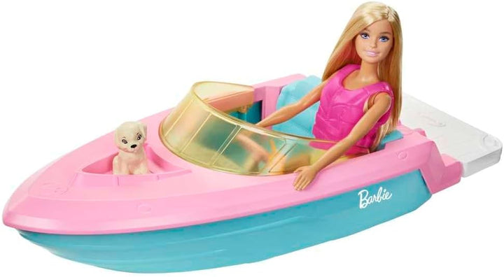 Muñeca Barbie y juego de barco con cachorro, chaleco salvavidas y a...