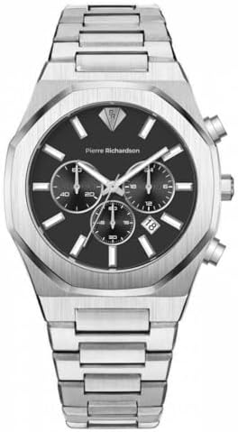 PIERRE RICHARDSON PR5812 Reloj para Hombre – Esfera Negra, Acero Inoxidable Dorado, Cuarzo, Cristal de Zafiro, 41mm, 5ATM