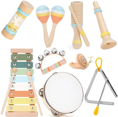 ZJEFUNS Juego de instrumentos musicales para bebés, juguetes Montessori de madera para niños pequeños de 1 a 3 años, juego de instrumentos de percusión modernos y bohemios, juguetes musicales para