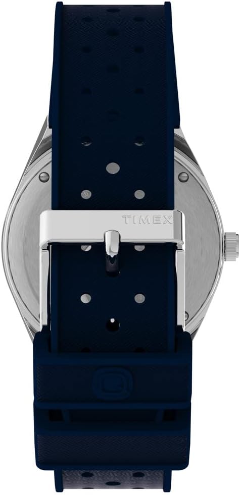 Timex Reloj Q 1.496 in para hombre - esfera azul caja de acero inoxidable correa de goma azul