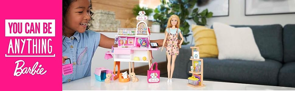 Barbie - Muñeca y set de juego de tienda de mascotas con 4