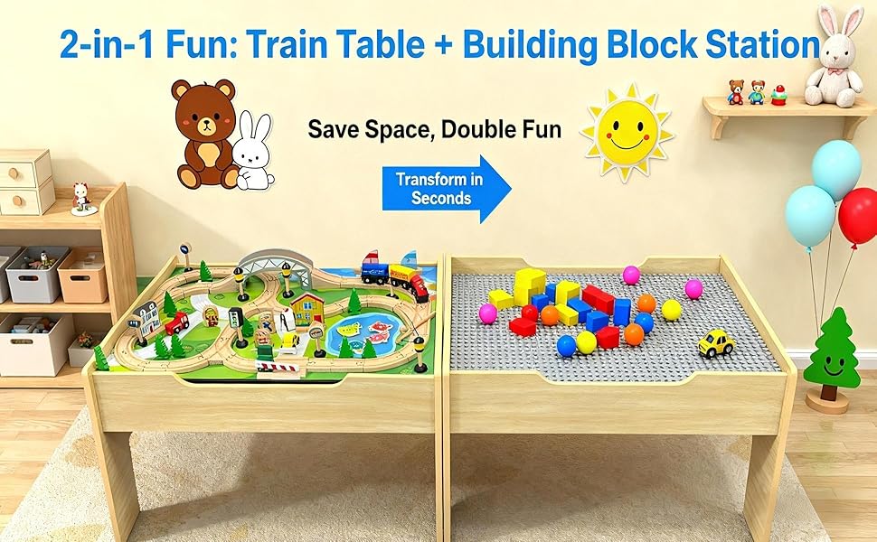 Juego de tren de madera y mesa con base de bloque de