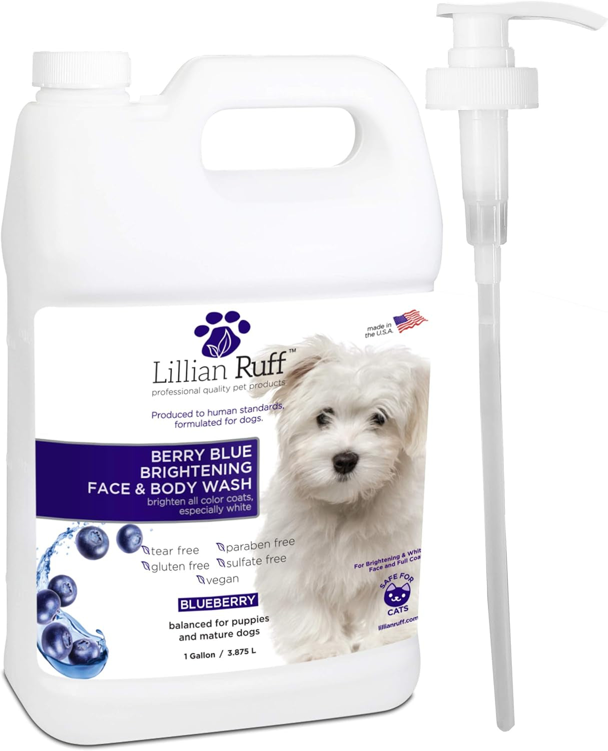 PRO Formula Berry Blue Brightening Pet Shampoo - Ultra-Hydrating Professional Whitening Dog Shampoo, Vivid Show-Quality Coat Enhancer, Tear Stain & Odor Eliminator, Vitamin B5, 128Oz+Pump