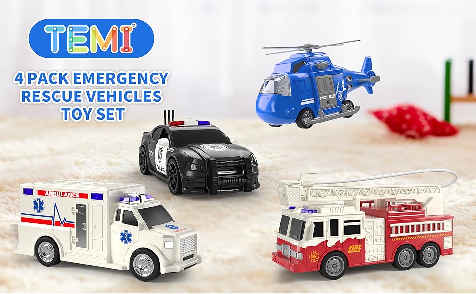 TEMI 4 Pack Juguetes de Vehículos de Emergencia para Niños