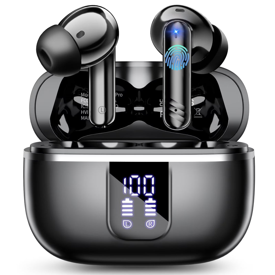Wireless Bluetooth Earbuds, Noise Cancelling Headphones with Deep Bass Stereo, 38H Playtime, LED Display, Waterproof in Ear Buds Earphone with Mic for Iphone Android Sports Workout, Black