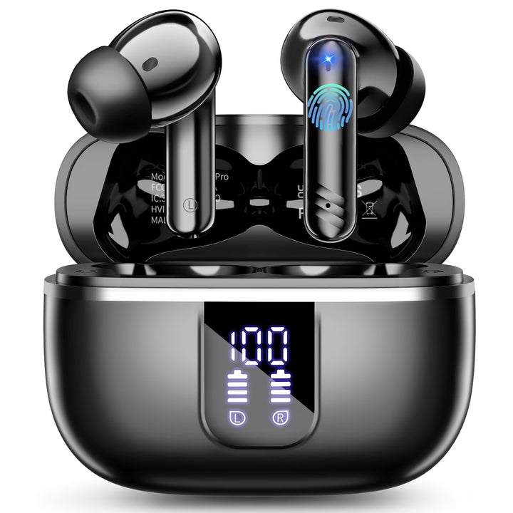 Wireless Bluetooth Earbuds, Noise Cancelling Headphones with Deep Bass Stereo, 38H Playtime, LED Display, Waterproof in Ear Buds Earphone with Mic for Iphone Android Sports Workout, Black