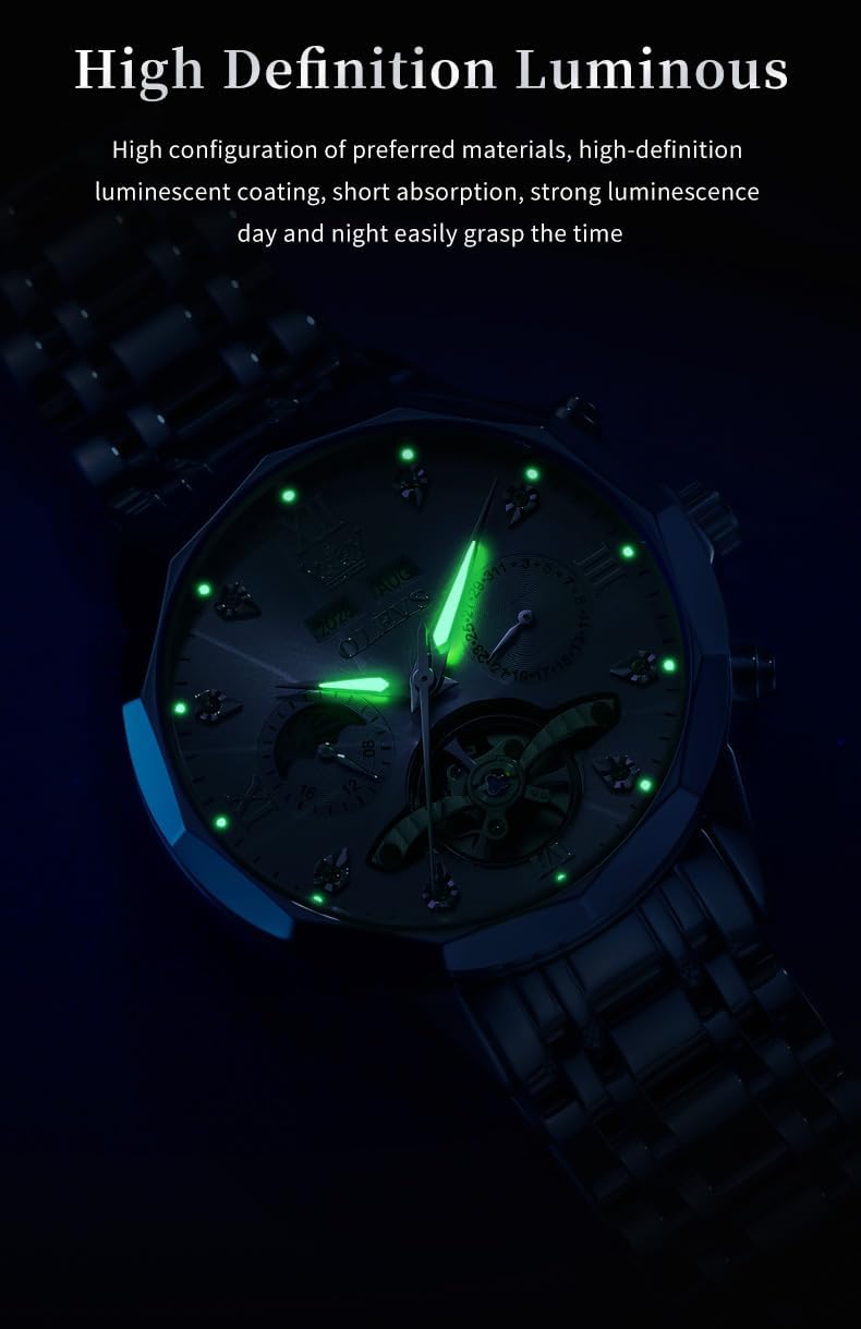 OLEVS Relojes de Hombre Esqueleto Automático Lujo de Negocios Diamante Autoentregado (Self Winding) Reloj de Pulsera de Acero Inoxidable con Calendario