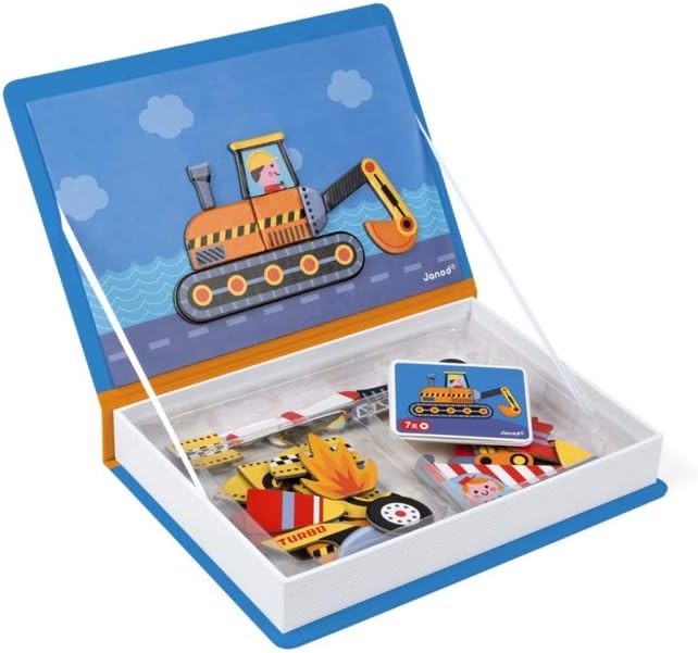 Janod MagnetiBook - Juego de 69 piezas de vehículos magnéticos de corredores - A partir de 3 años - Construyendo estructuras creativas - Mejora las habilidades de creatividad - Incluye 50 imanes y 18