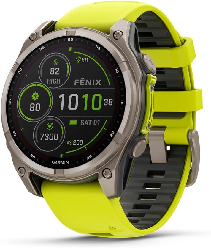 Garmin fēnix® 8 – 47 mm, Solar, Zafiro, Smartwatch GPS Multideportivo Premium, Batería de Larga Duración, Resistente al Buceo, Linterna LED Integrada, Titanio con Banda Amp Amarillo/Grafito