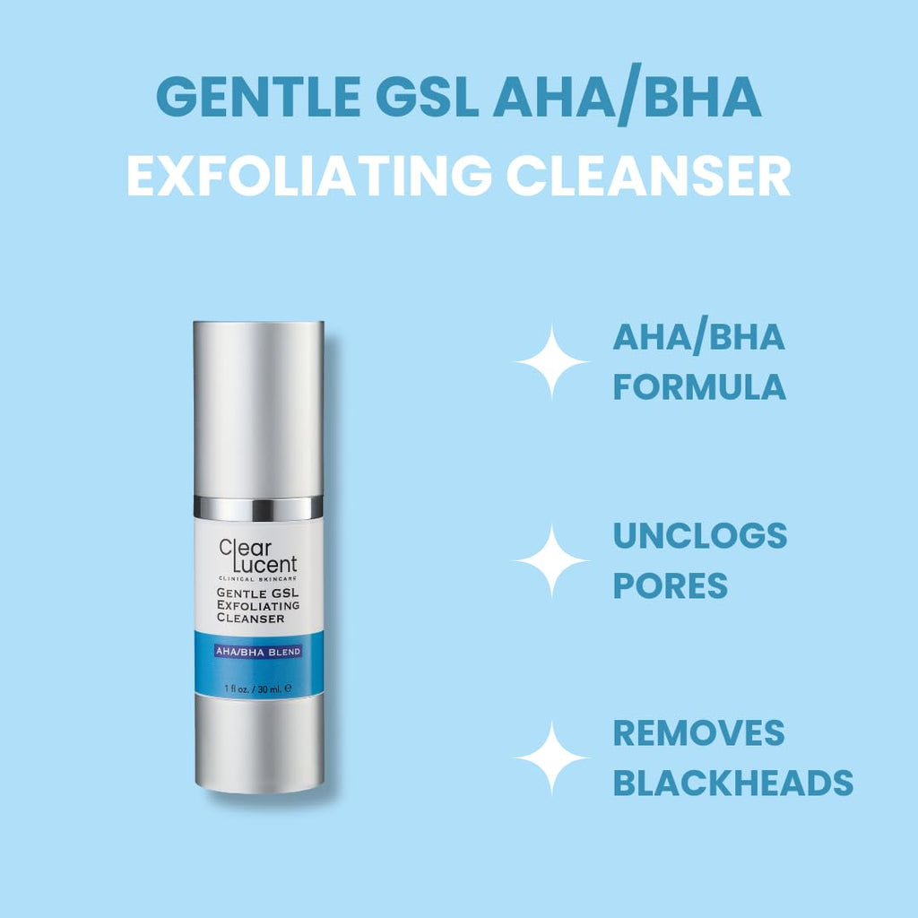 Vibrant Clarity Travel Skincare Set | Limpiador exfoliante GSL AHA/BHA compatible con la TSA y 20% vitamina C + E + suero ferúlico con cepillo facial y bolsa de viaje | Piel de vidrio para llevar